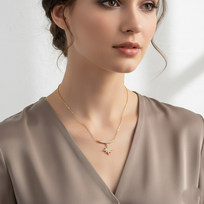 Minimalist Pave Curved Bar & North Star Charm Necklace
