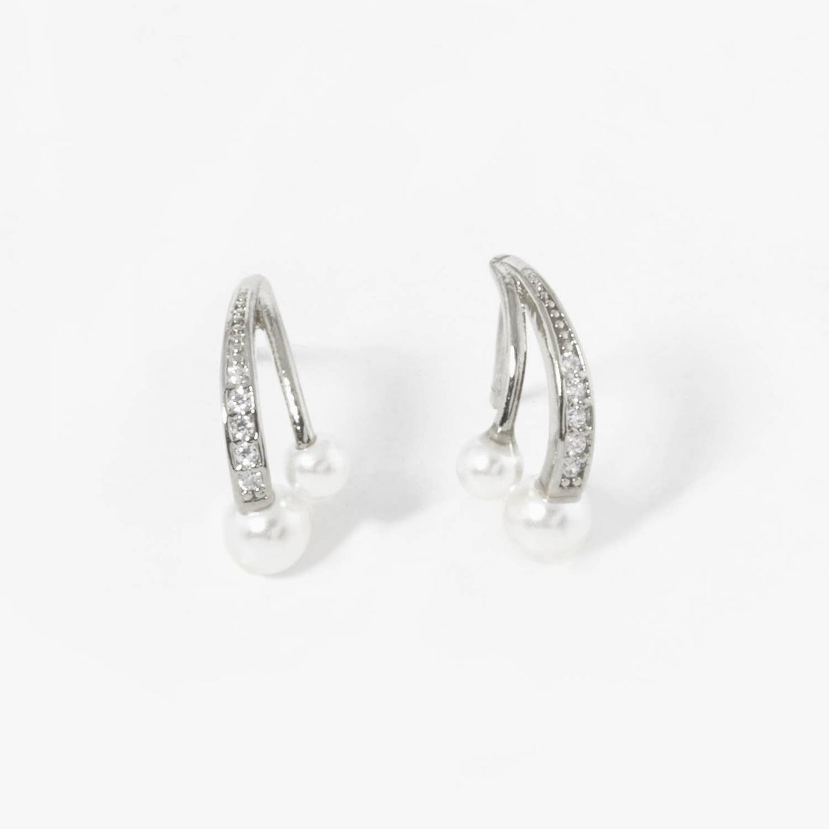 Dainty Pave Cubic Zirconia & Double Pearl Open Hoop Earrings