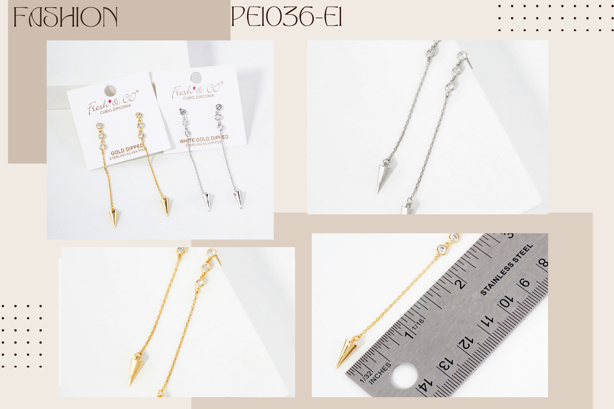 Round CZ Stone Trio with Spike Drop Chain Earrings