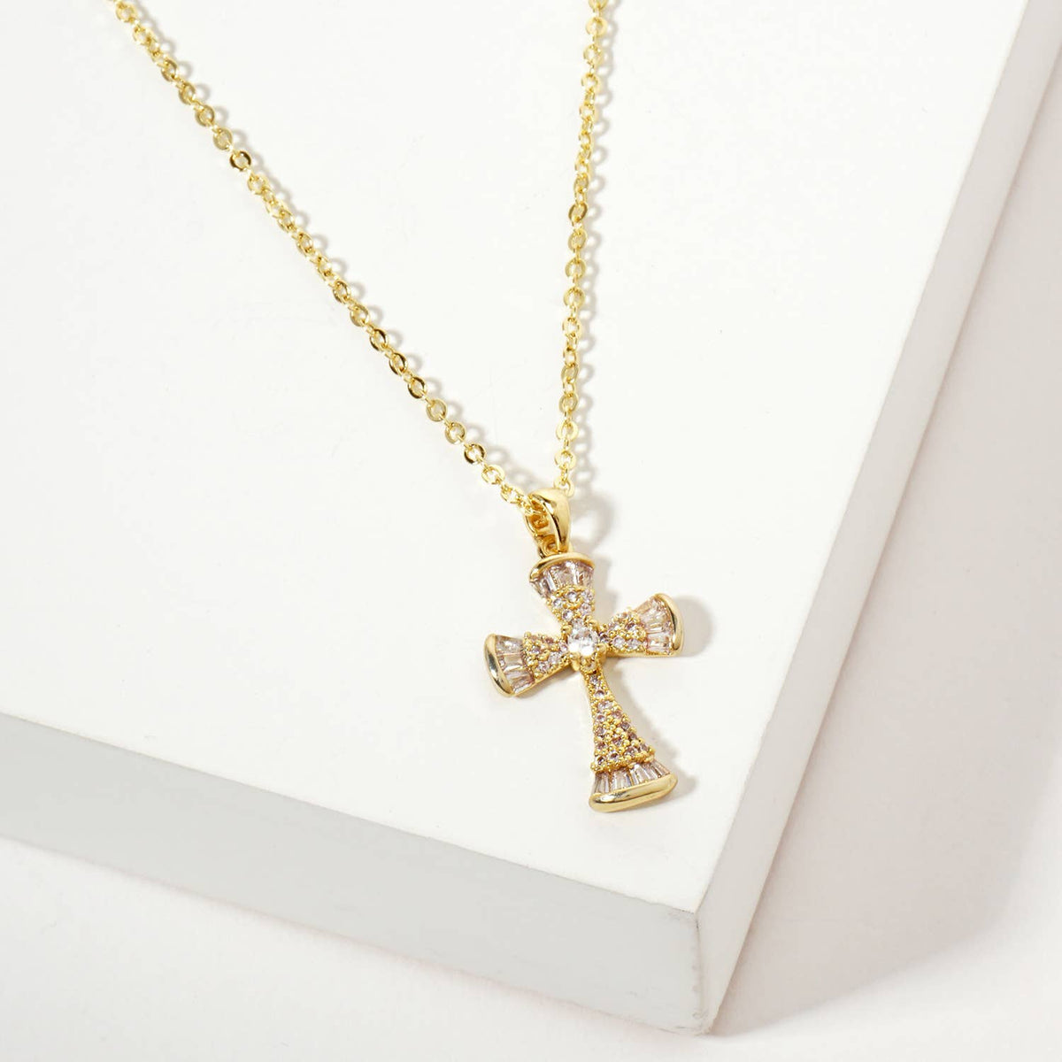 Pave-Set Cross Pendant 18K-Gold-Dipped Brass Necklace