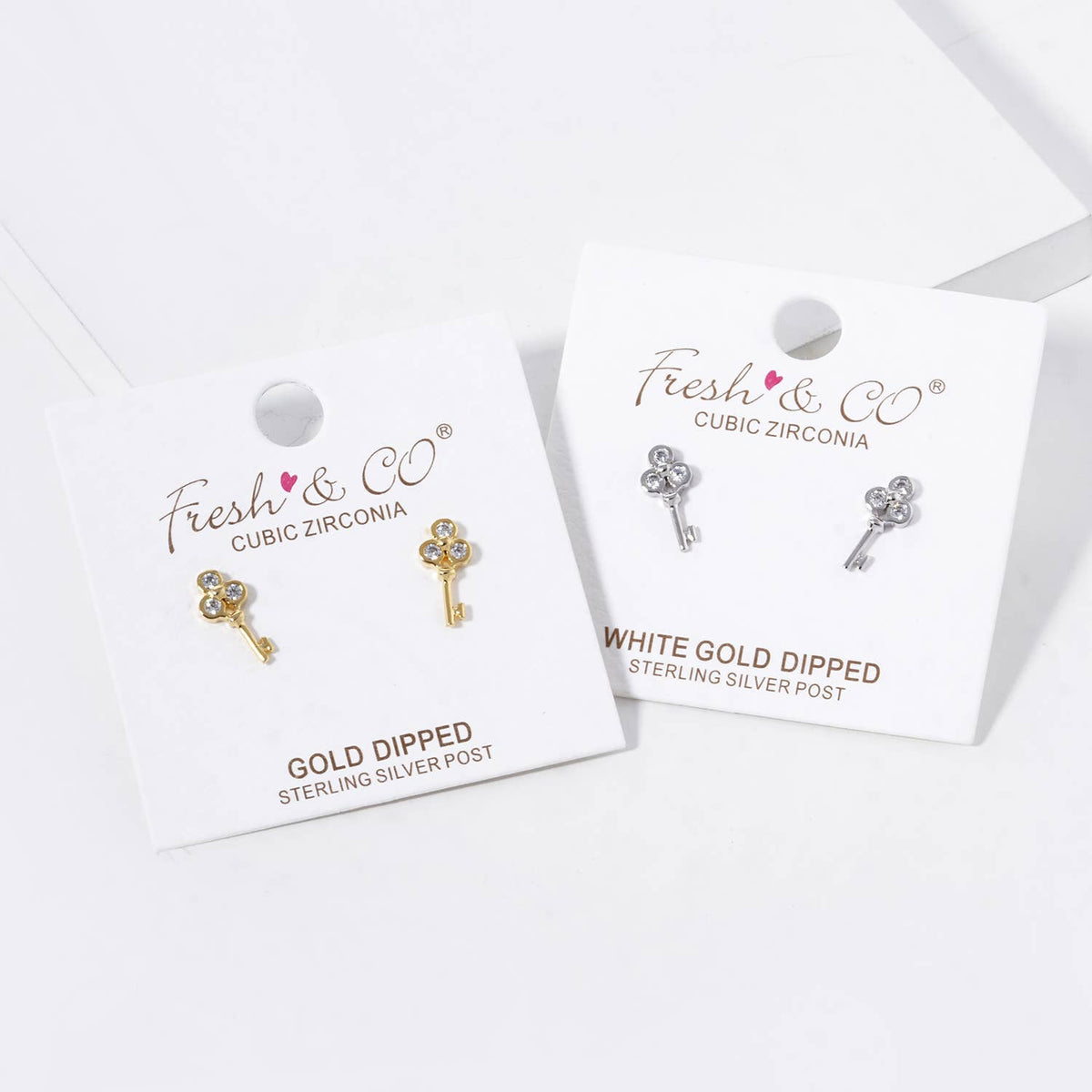 18K Gold Dipped Three CZ Stones Key Stud Earrings