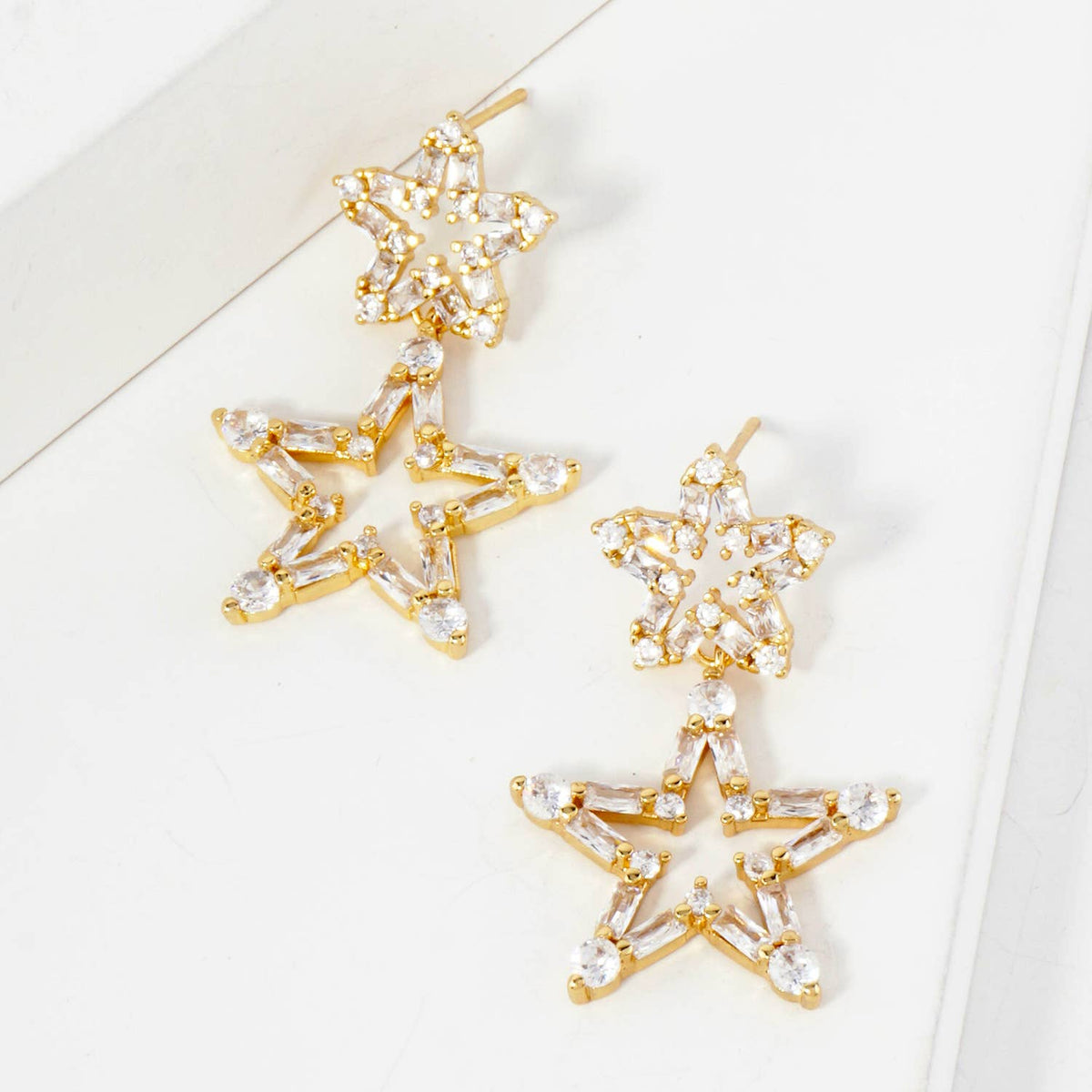 CZ-Studded Dangling Stars 18K-Gold-Dipped Brass Earrings