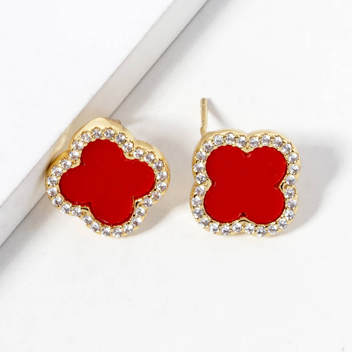 Dainty Pave Clover Stone Stud Earrings