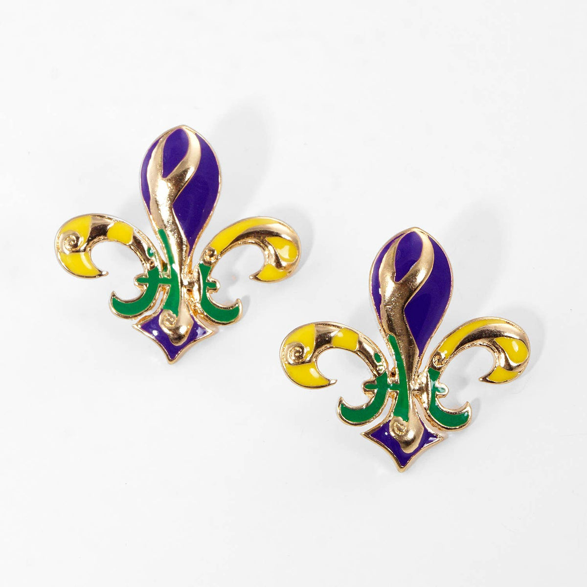 Gold Plated Mardi Gras Themed Fleur De Lis Post Earrings
