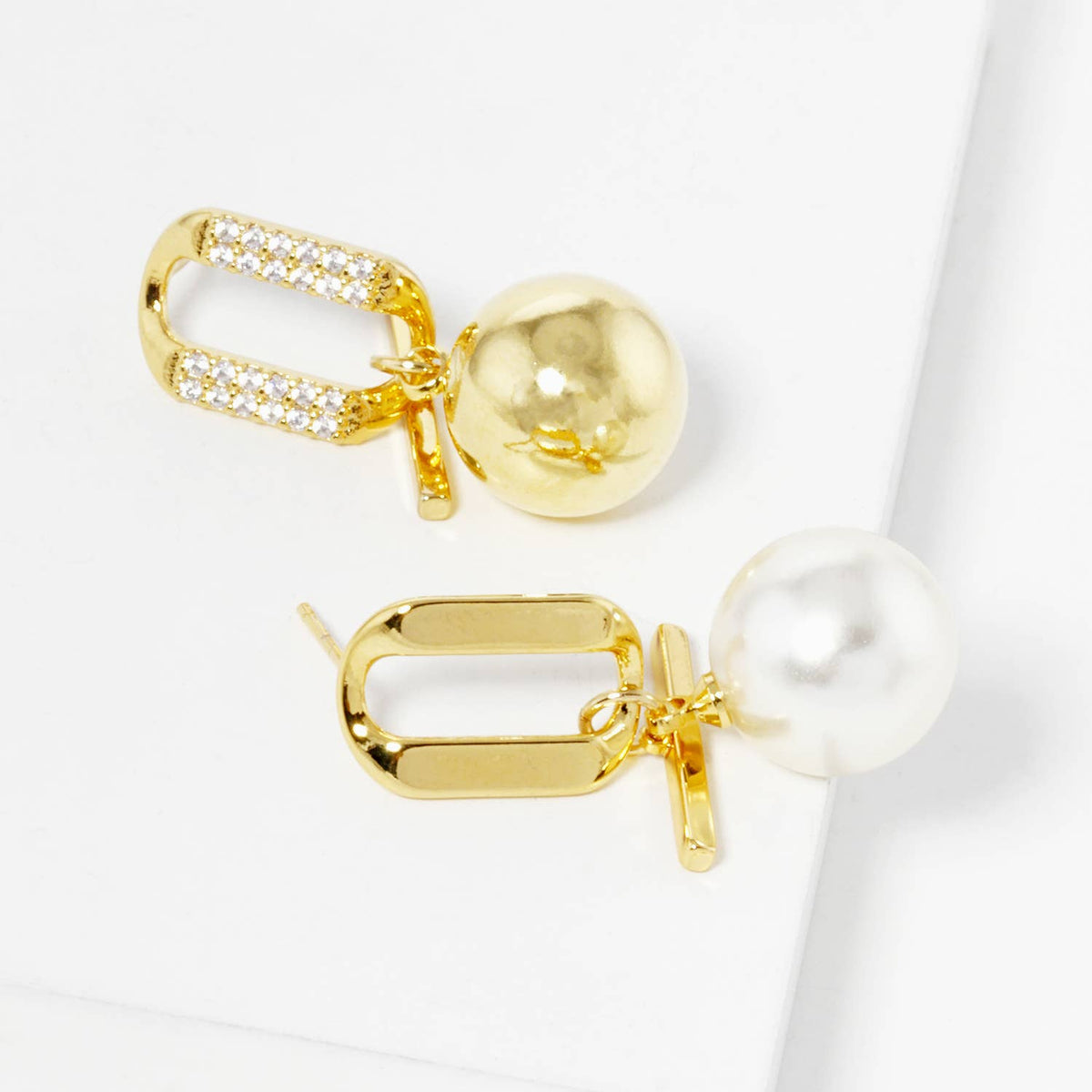 Dainty Pave Geometric Oval & Pearl Drop Earrings