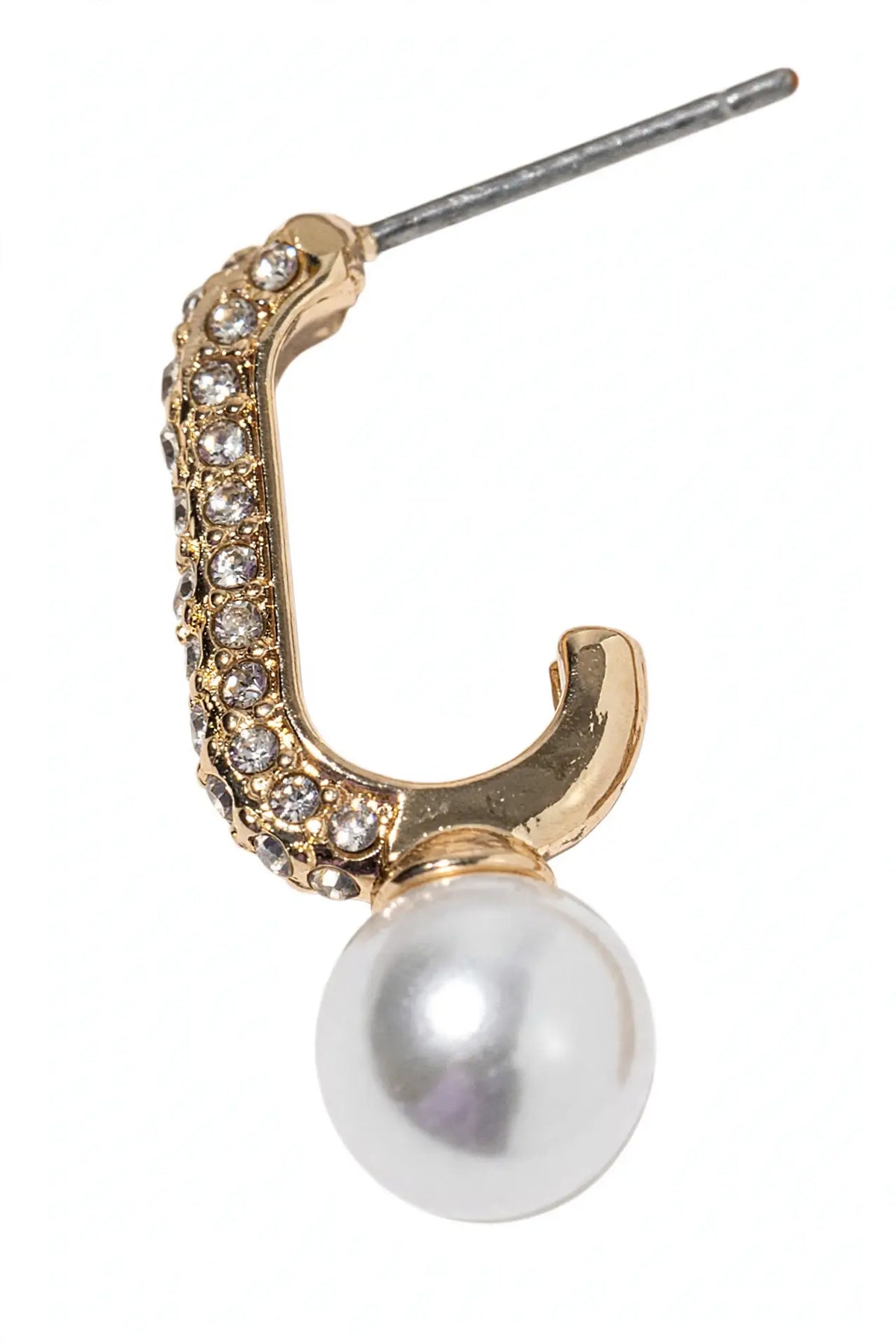 Crystal J-Hook Pearl Drop Earrings – Pavé Curve with Pearl