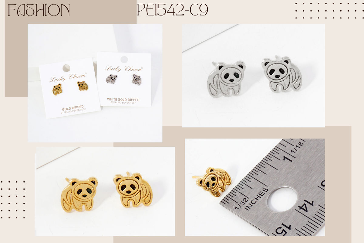 Animal-Theme Brushed Brass 10mm Panda Stud Earrings