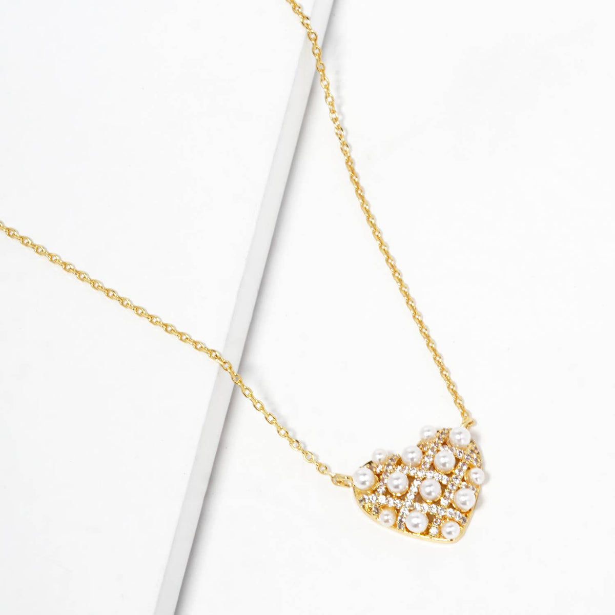 Dainty Pearl & Pavé Lattice Heart Pendant Necklace