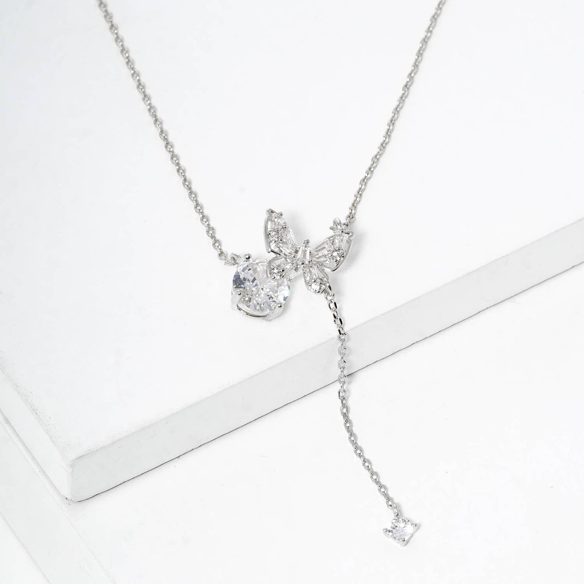 Elegant Butterfly Y-Necklace with Cubic Zirconia Drop