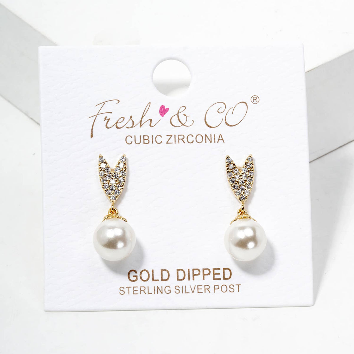 18K Gold Dipped Glass Pearl Drop CZ Pave Heart Post Earrings