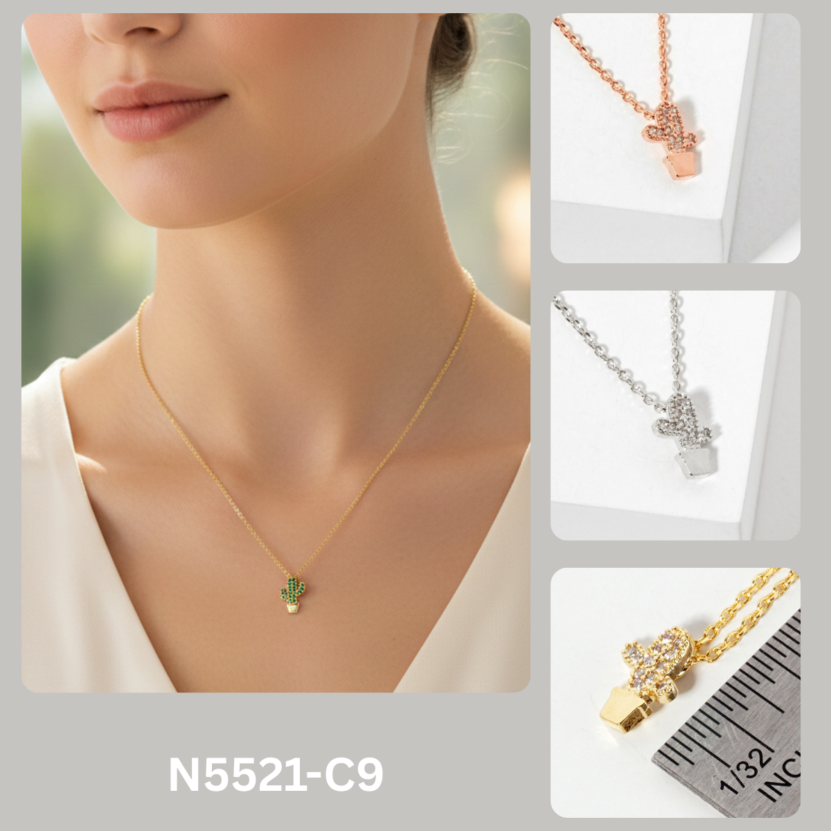 Minimalist Dainty Pave Cactus Pendant Necklace