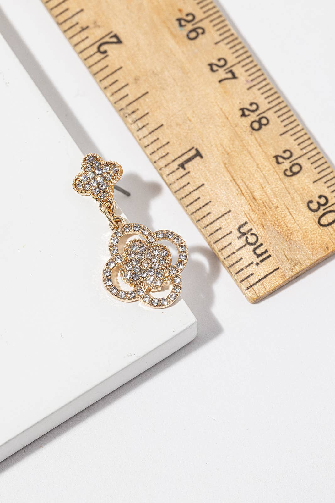 Crystal Clover Drop Earrings – Pavé Quatrefoil Dangle, Gold