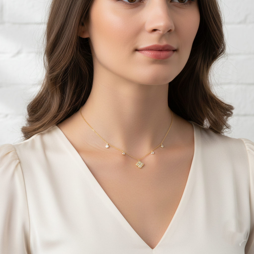 Cubic Zirconia Pave Clover Station Charm Choker Necklace