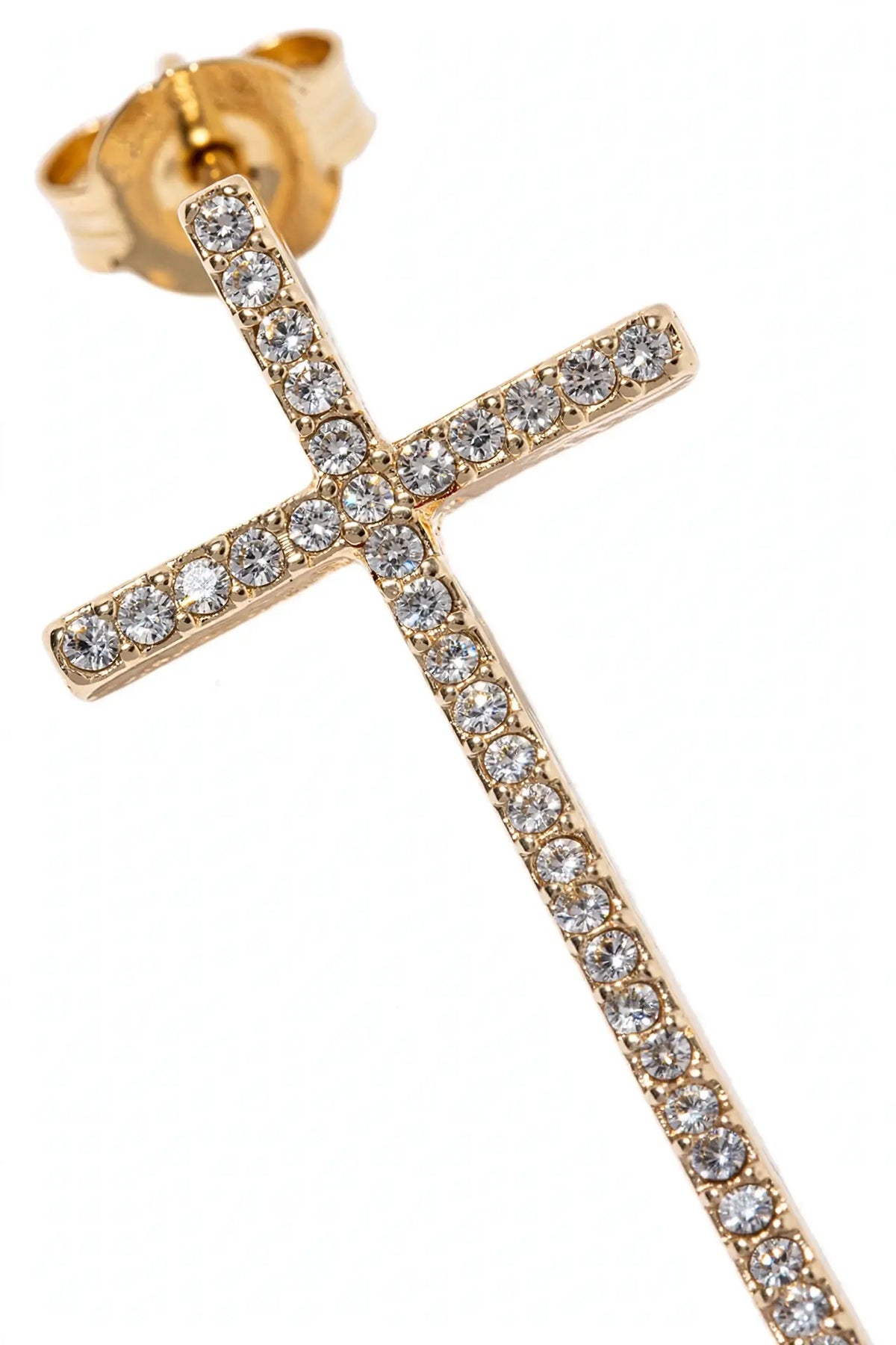 Elongated Crystal Cross Stud Earrings – Slender Pavé Cross,