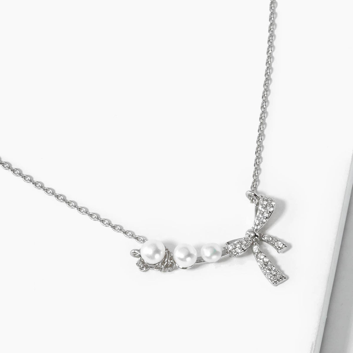 Dainty Crystal Bow and Pearl Bar Necklace