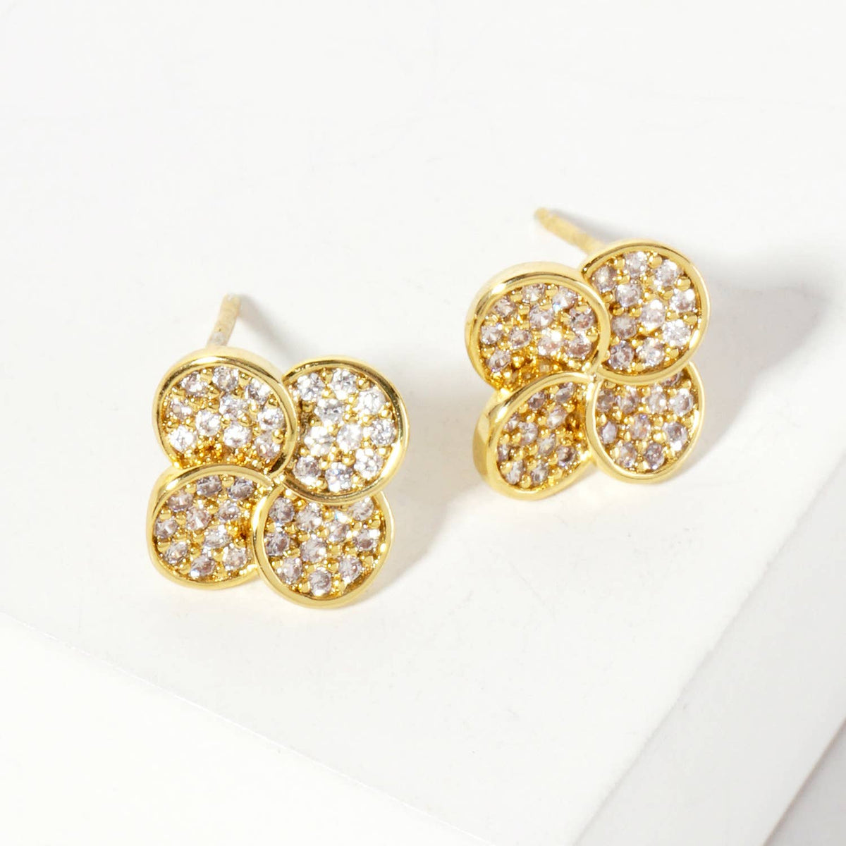 Pave-Set 10mm Quatrefoil 18K-Gold-Dipped Stud Earrings