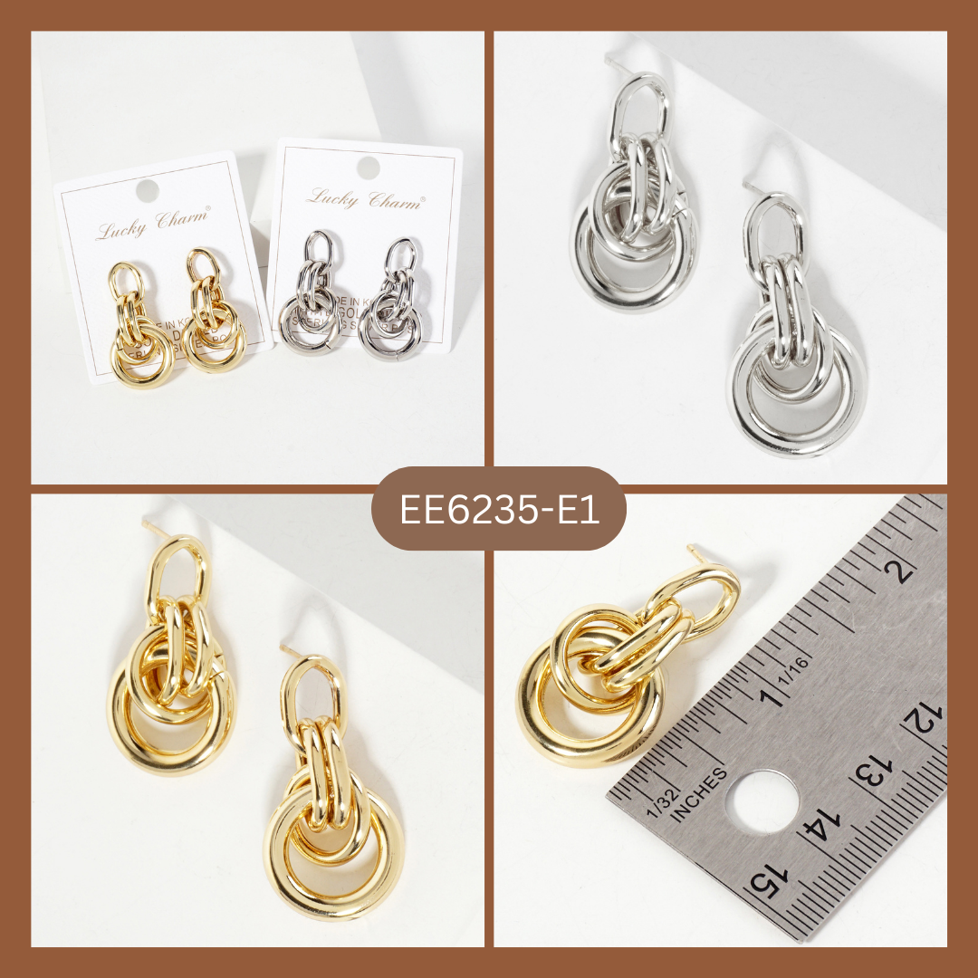 Polished Brass Interlocking Circles Drop Gold-Dipped Earring