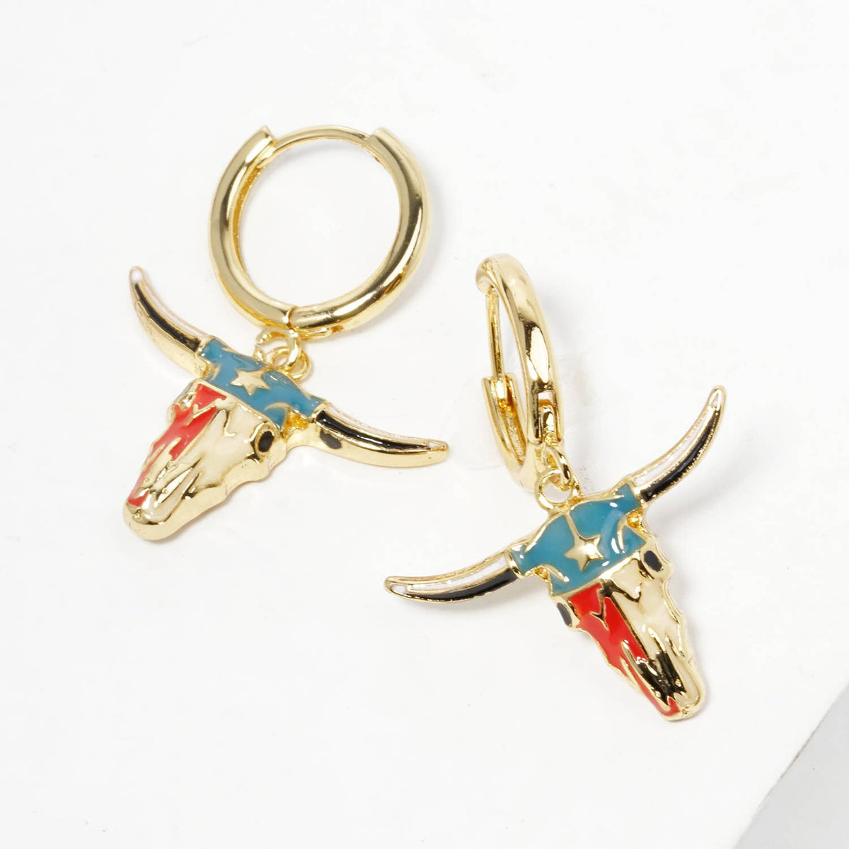 Enamel Western Bull Skull Huggie Hoop Earrings