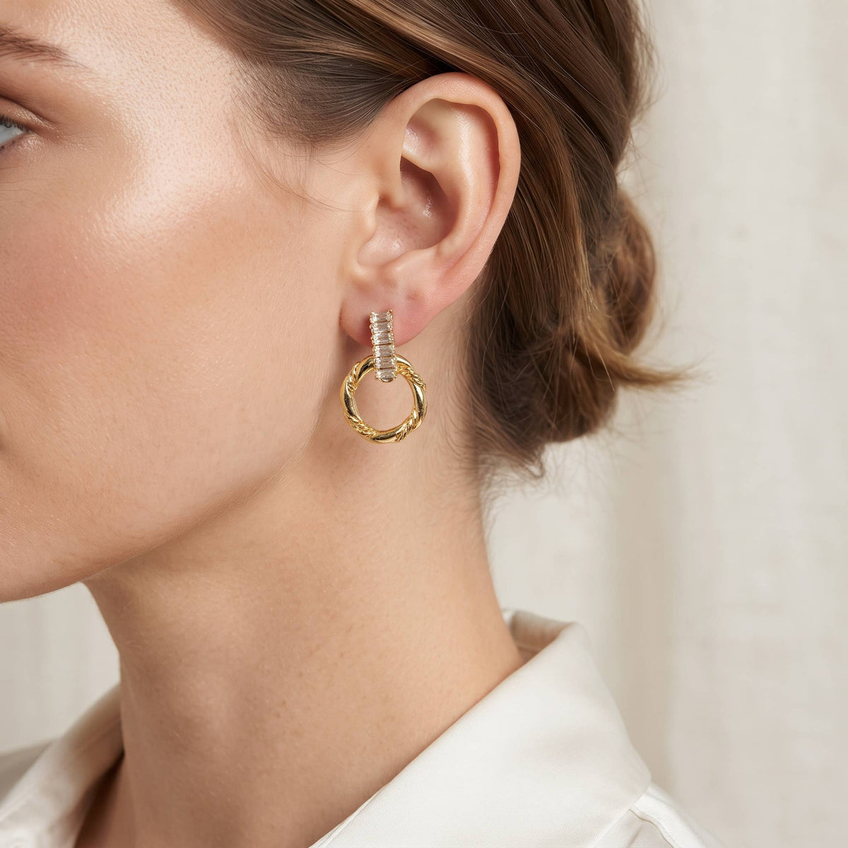 Geometric Twist & Cubic Zirconia Drop Hoop Earrings