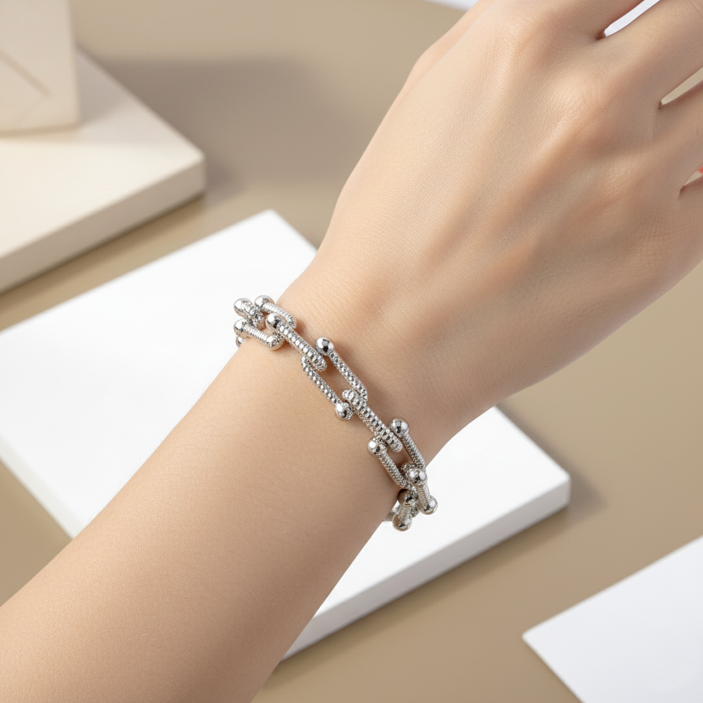 Modern U-Link Statement Bracelet with Polished Bead Accents