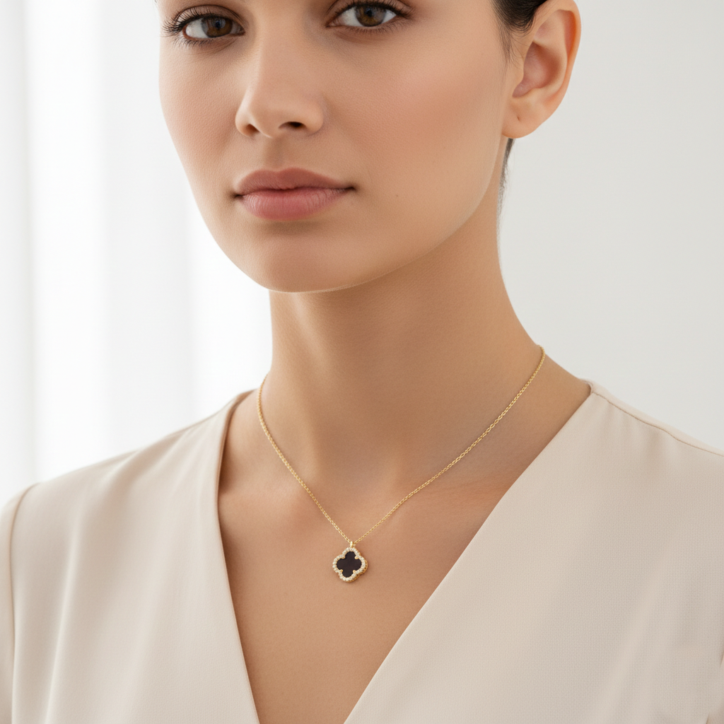 Pavé Border Four-Leaf Clover Pendant Necklace