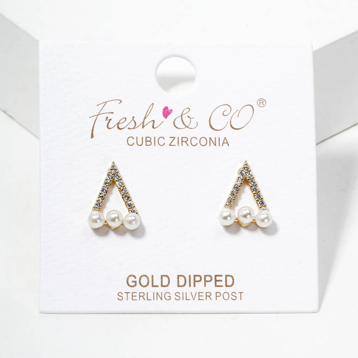 18K Gold Dipped Pearl CZ Pave Dainty Triangle Stud Earrings