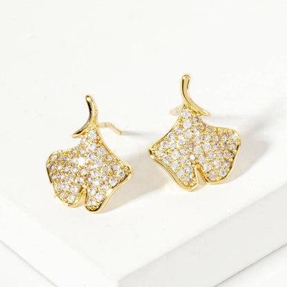 Micro-Pave-Set 13mm Ginkgo Leaf Stud Earrings