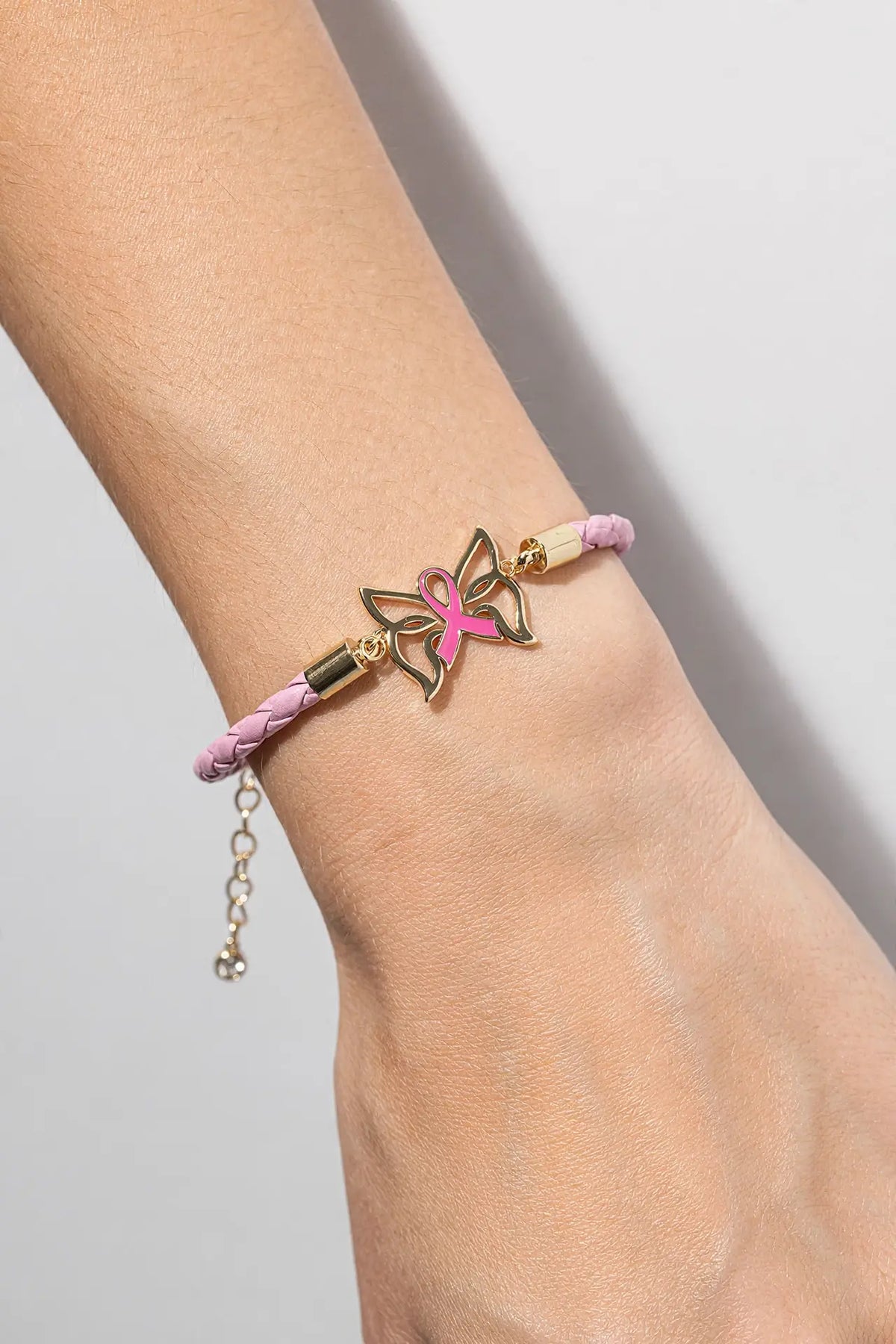 Pink Ribbon Butterfly Bracelet – Gold-Dipped Braided Charm