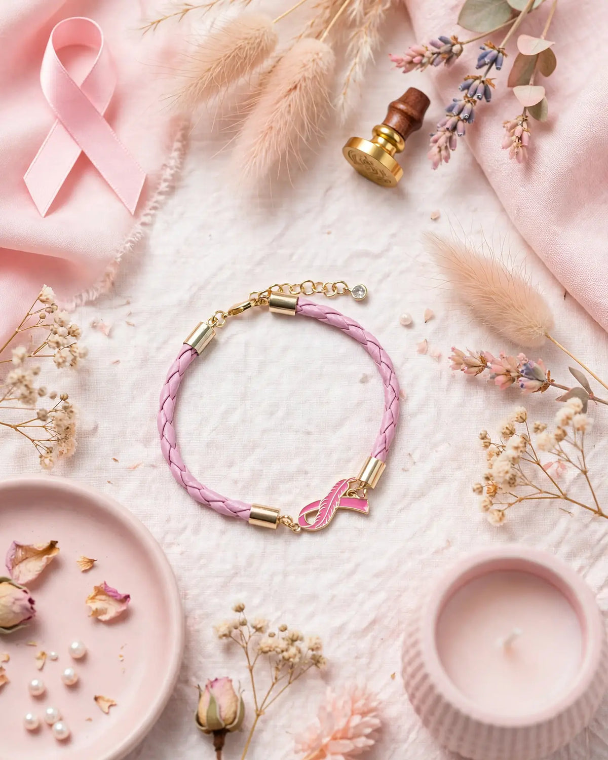 Pink Feather Ribbon Braided Bracelet – Gold-Dipped Awareness