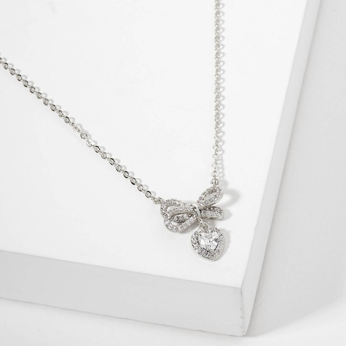 Heart CZ Drop Bow Pendant 18K-Gold-Dipped Brass Necklace