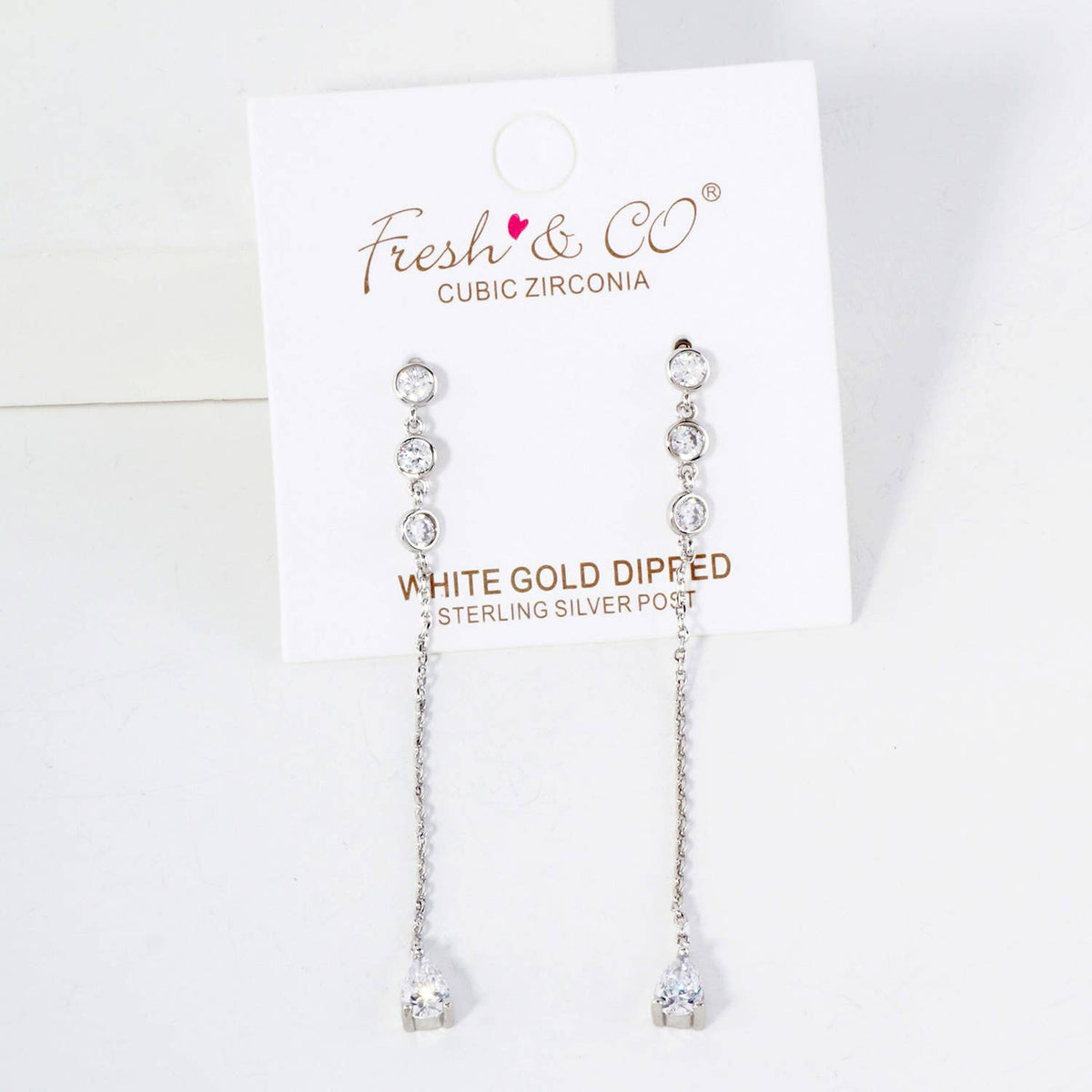 Round CZ Stone Trio with Teardrop Drop Chain Earrings