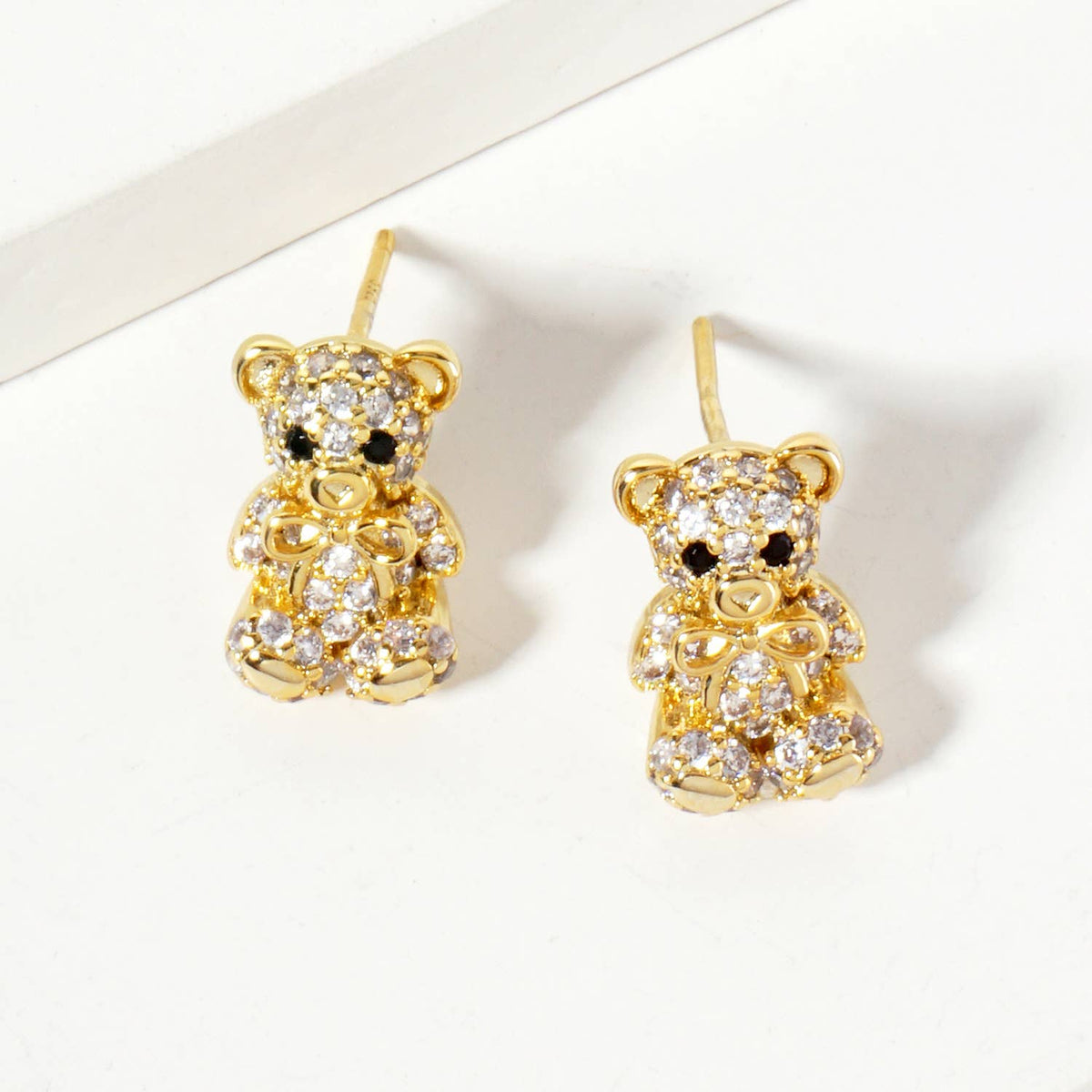 Minimalist Pave-Set Teddy-Bear with Bow Stud Earrings