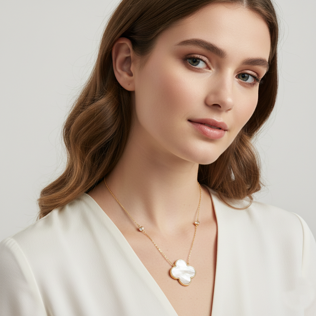 Quatrefoil Pendant CZ Stone Chain Necklace / 18K Gold Dipped