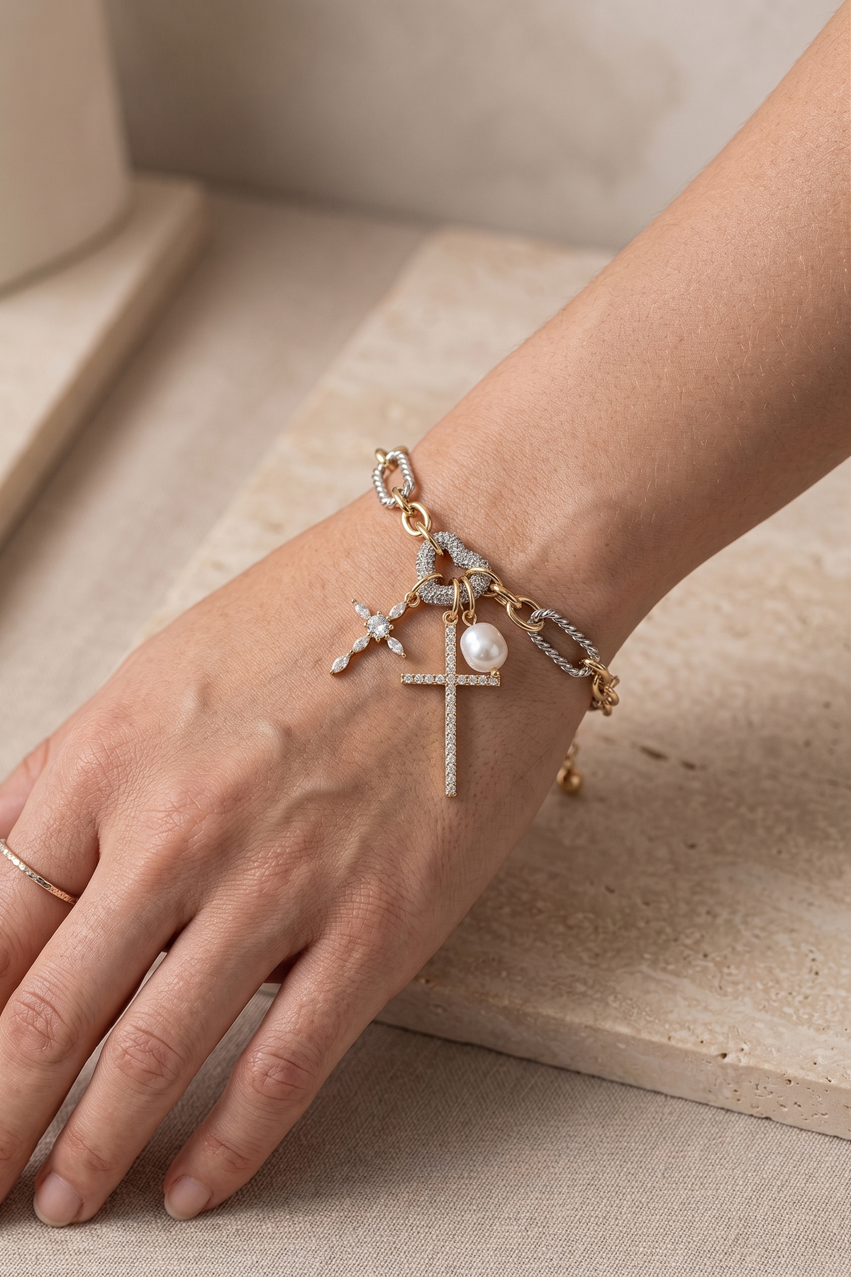 Mixed Metal Cross & Pearl Charm Bracelet