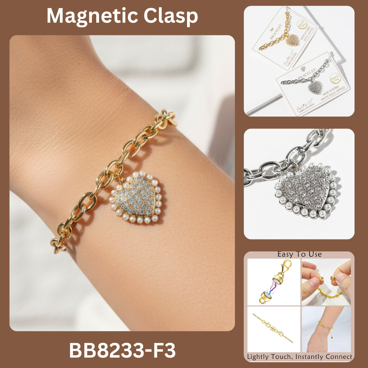 Pearl Heart Charm Bracelet with Magnetic Clasp