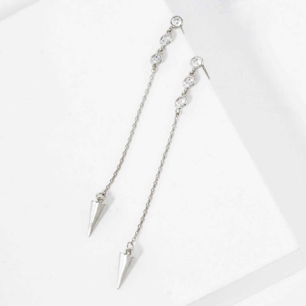 Round CZ Stone Trio with Spike Drop Chain Earrings