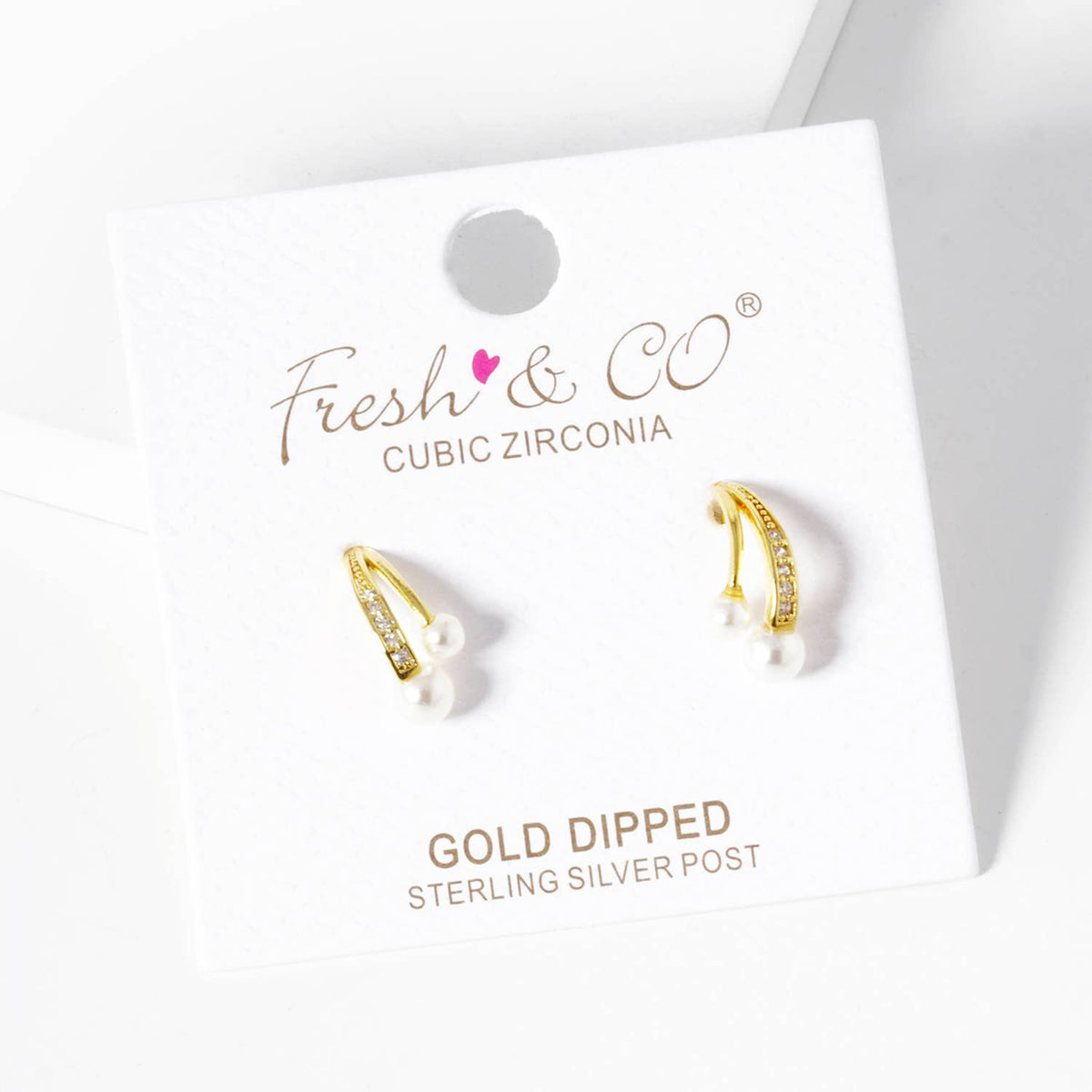 Dainty Pave Cubic Zirconia & Double Pearl Open Hoop Earrings