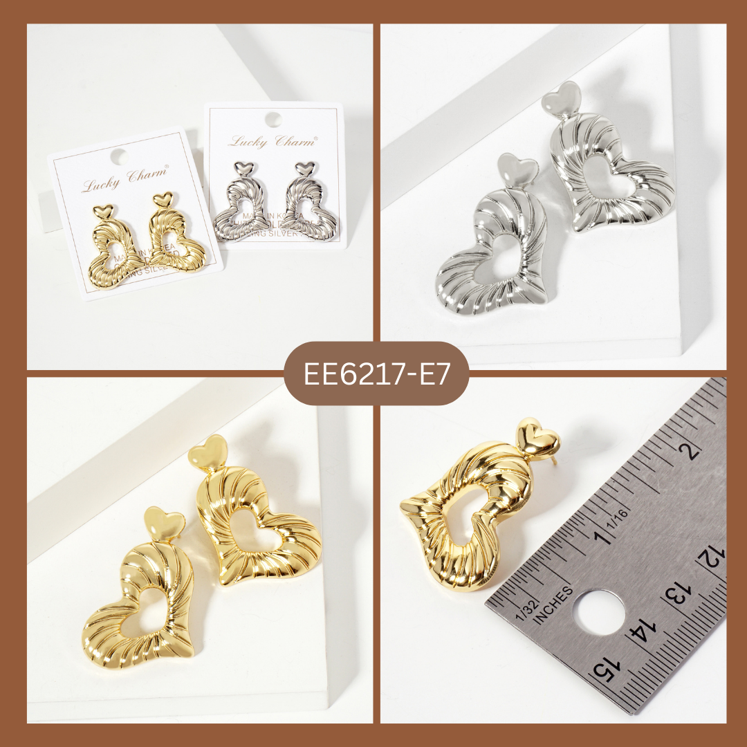 Polished Sideways Textured Heart Drop Brass Earrings