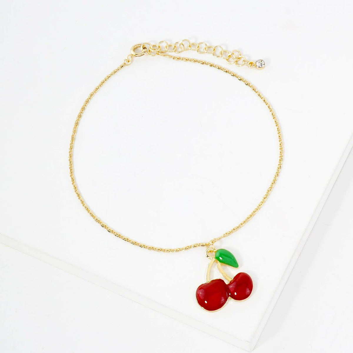 Enamel Cherry Charm Anklet in 18K Gold Plated Brass
