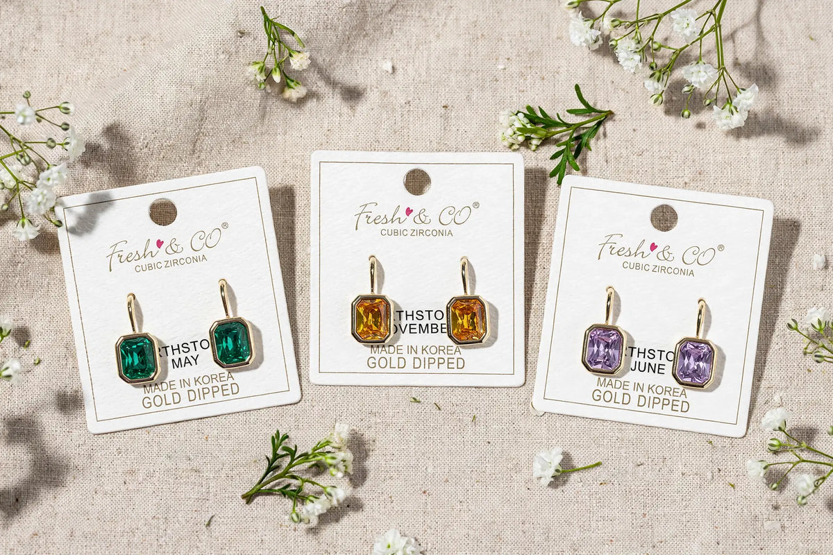 Birthstone Dangle Earrings – Gold-Dipped Octagon Cubic