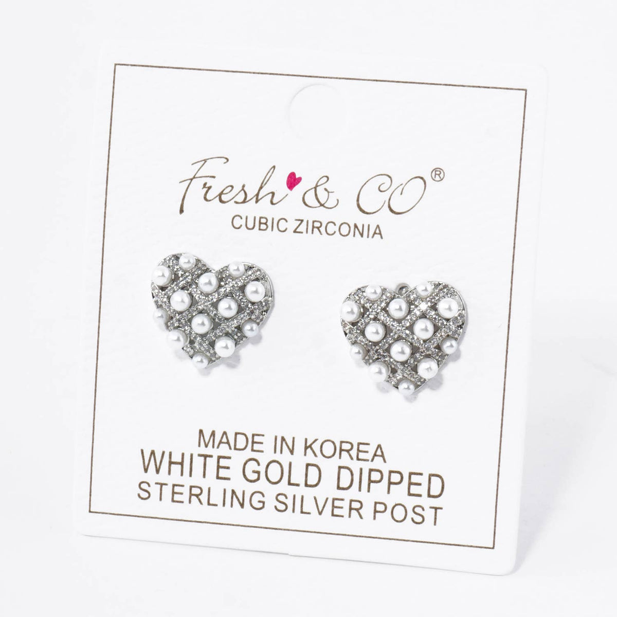18K Gold Dipped Pearl Beaded Cubic Zirconia Heart Stud