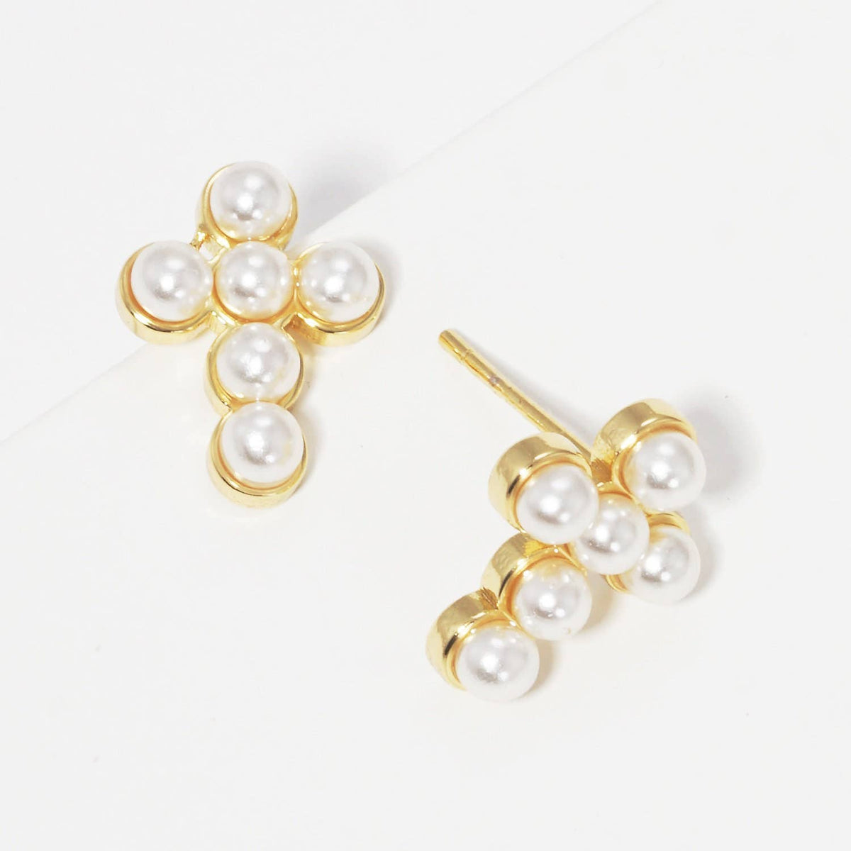 Gold Freshwater Pearl Cross Stud Earrings