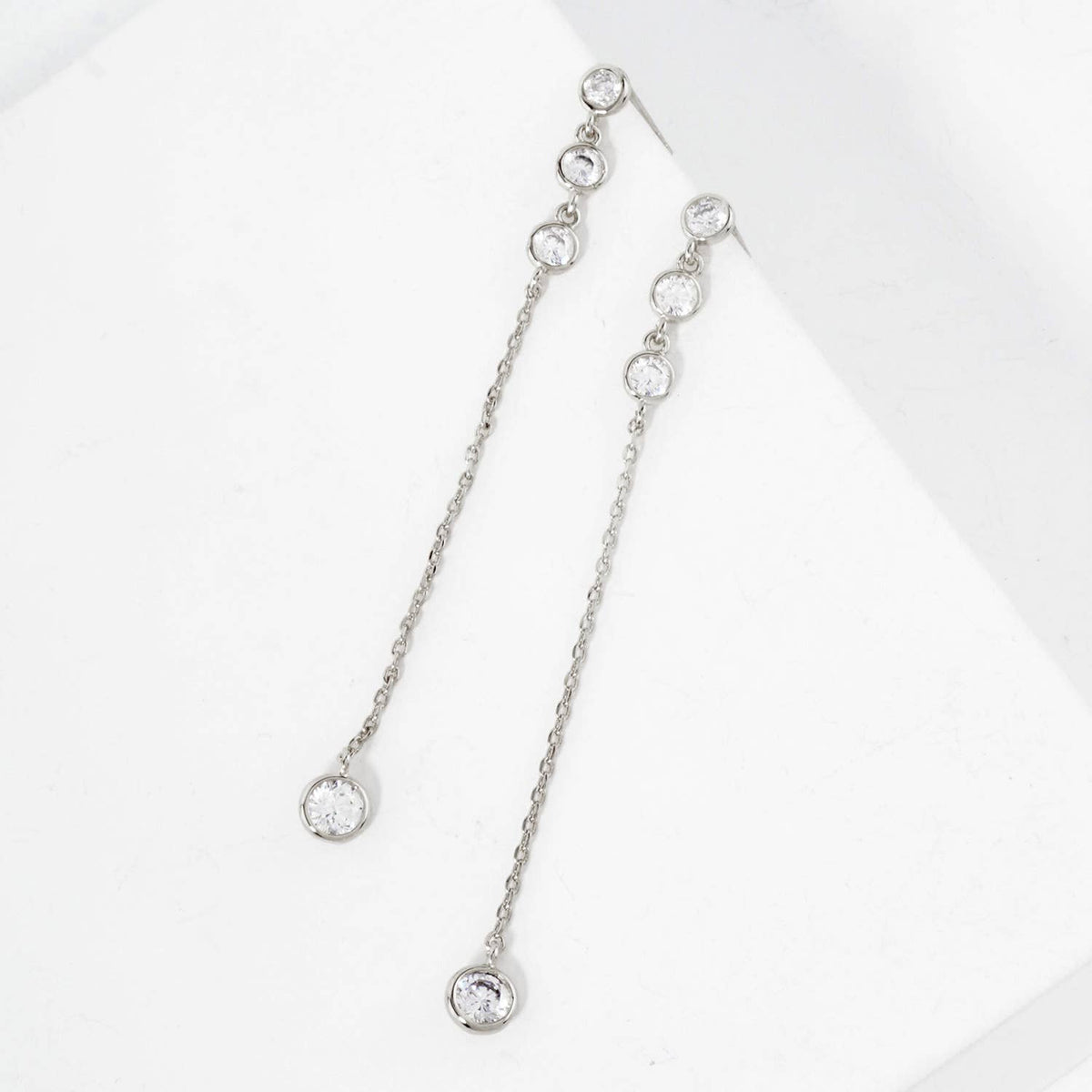 Round CZ Stone Trio with 4mm Stone Drop Chain Earrings