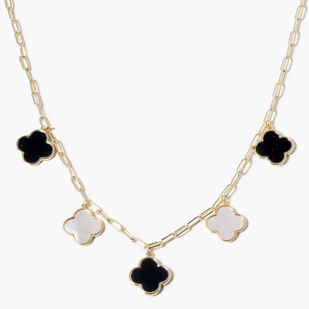 5-Clover Charm Paperclip Link Station Necklace