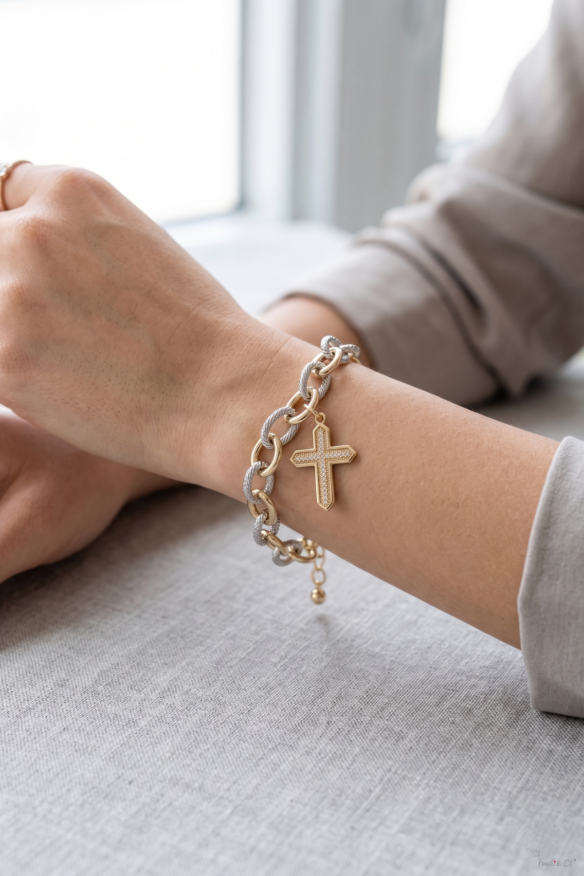 Mixed Metal Pave Cross Two-Row Link Bracelet