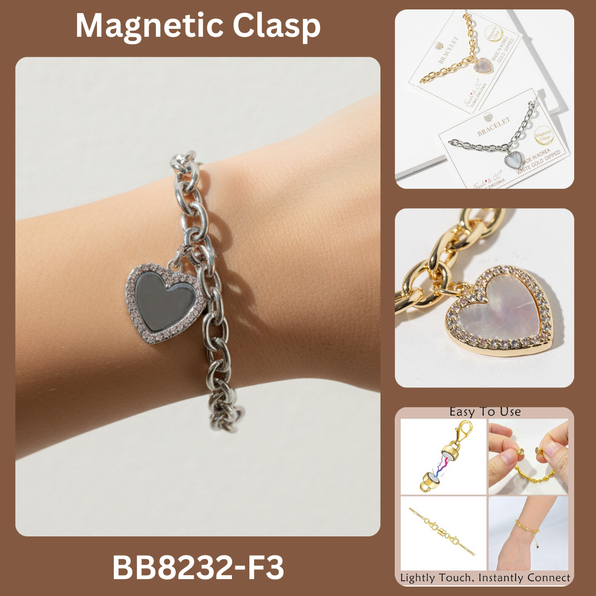 Magnetic Clasp Chunky Link Heart Charm Bracelet