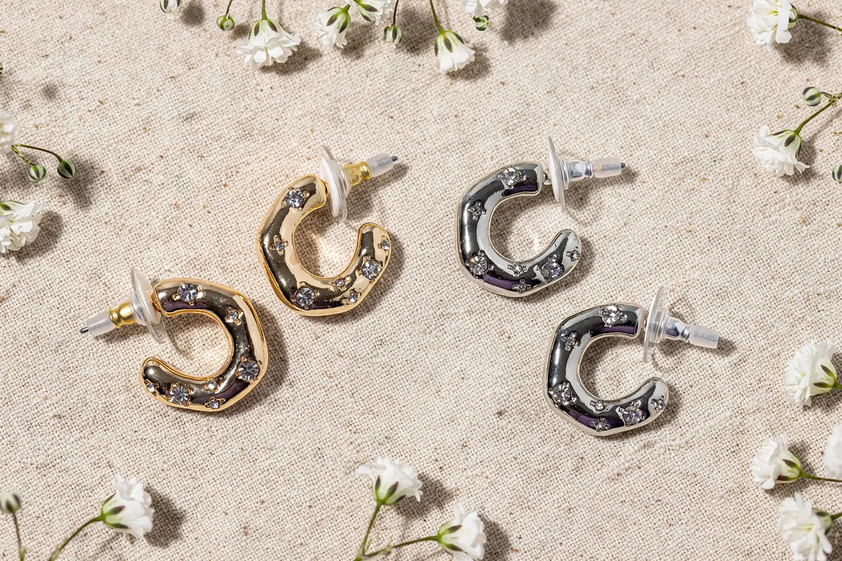 Starry C-Hoop Stud Earrings – Scattered Crystal C Curve