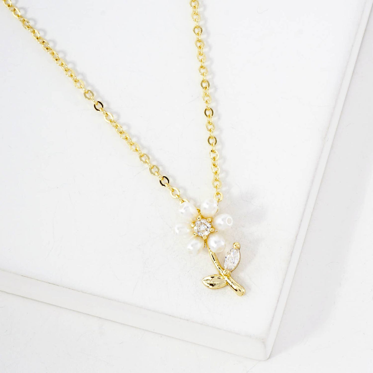 Botanical-Theme CZ Pearl Flower Pendant Necklace