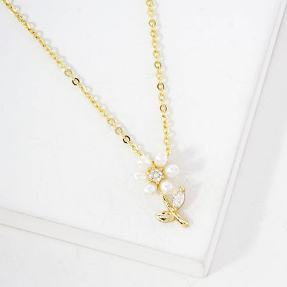 Botanical-Theme CZ Pearl Flower Pendant Necklace