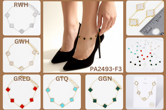 18K Gold Dipped 12mm Five Quatrefoil Brass Chain Anklet.